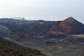 View from the San Antonio volcano, south towards Teneguía and the salt factory View from the San Antonio volcano, south towards Teneguía and the salt factory, Fuencaliente, La Palma island